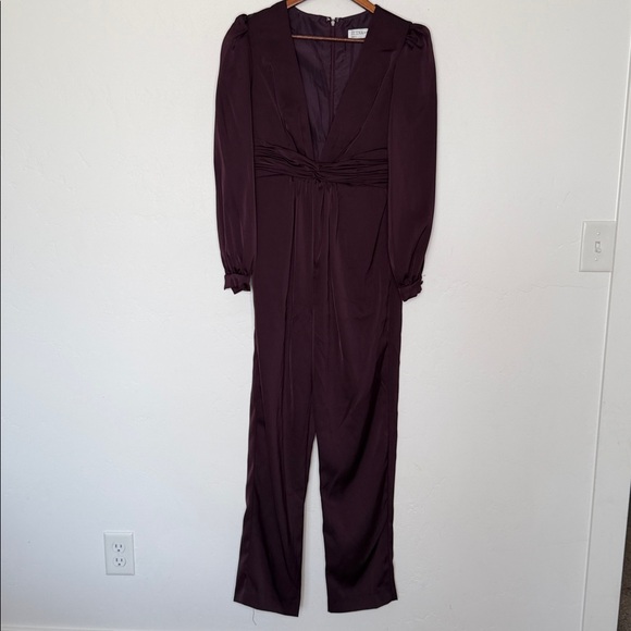 Ieena for Mac Duggal Satin Plunge Neck Long Sleeve Jumpsuit Plum Size 6 NWT - Picture 3 of 6